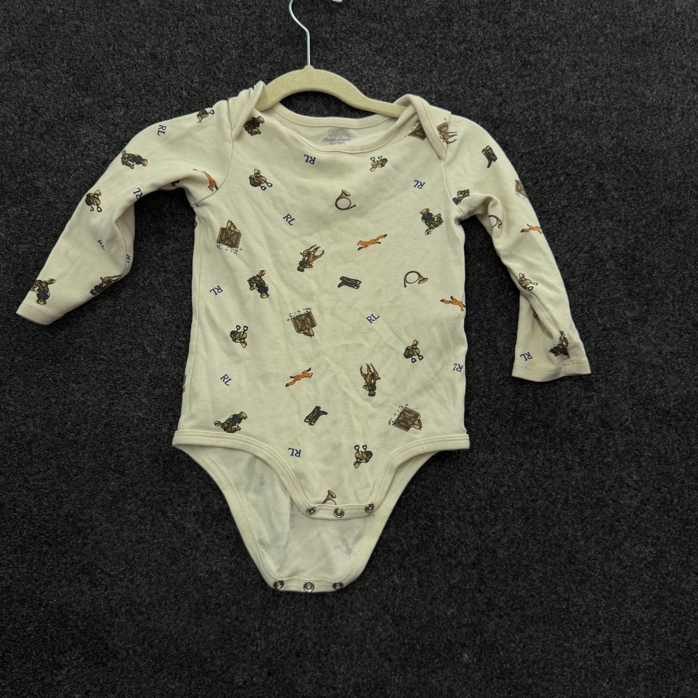 Ralph Lauren Polo Bear Equestrian Fox Hunt Long Sleeve Bodysuit Cream 18M